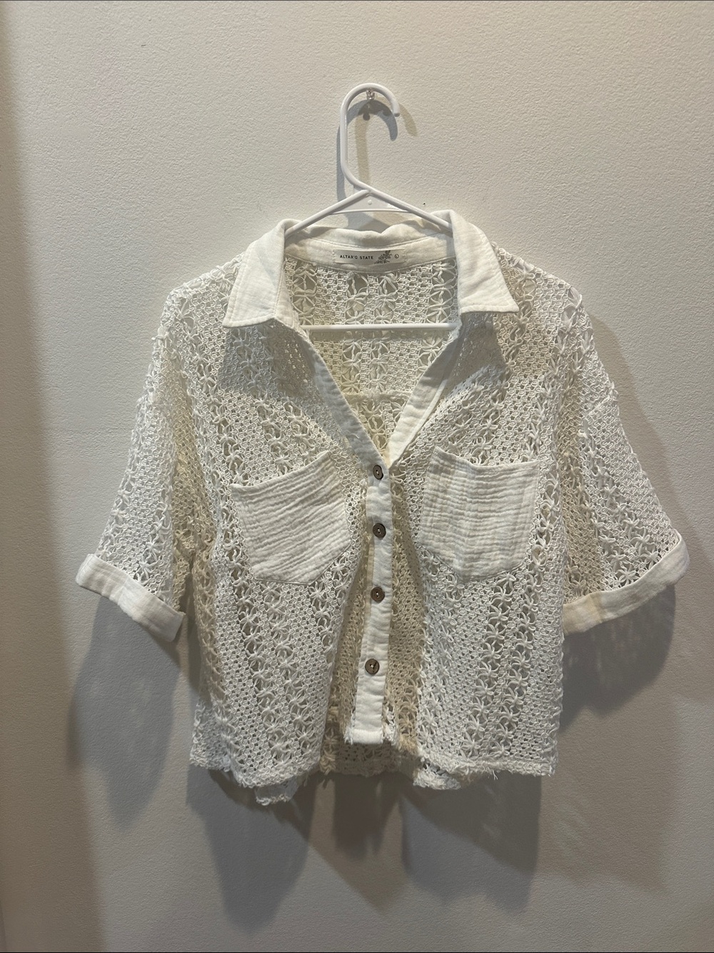 Altar'd State White Crochet Button-Down Pocket Shirt